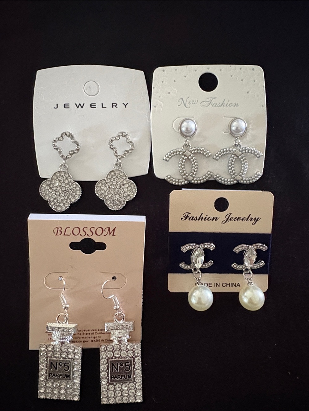 Silver Tone Faux Pearl Fashion Crystal Earrings - Fashion Jewelry Set Of 4